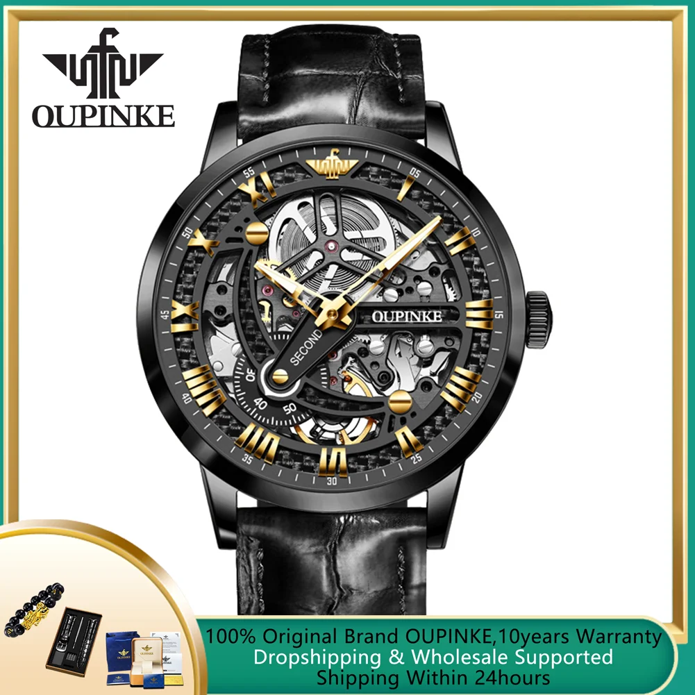 OUPINKE Skeleton Automatic Mechanical Watch for Men Top Brand Luxury Sapphire Crystal Mirror 5bar Waterproof Leather Men's Watch