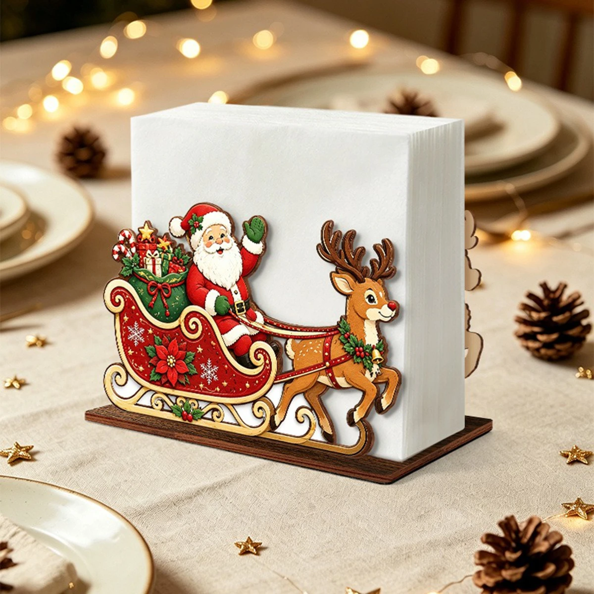 1PC Christmas Wooden Napkin Holder Santa Claus Sleigh Reindeer Tissue Rack Xmas Table Decor For Home Dining Table Desktop Decor