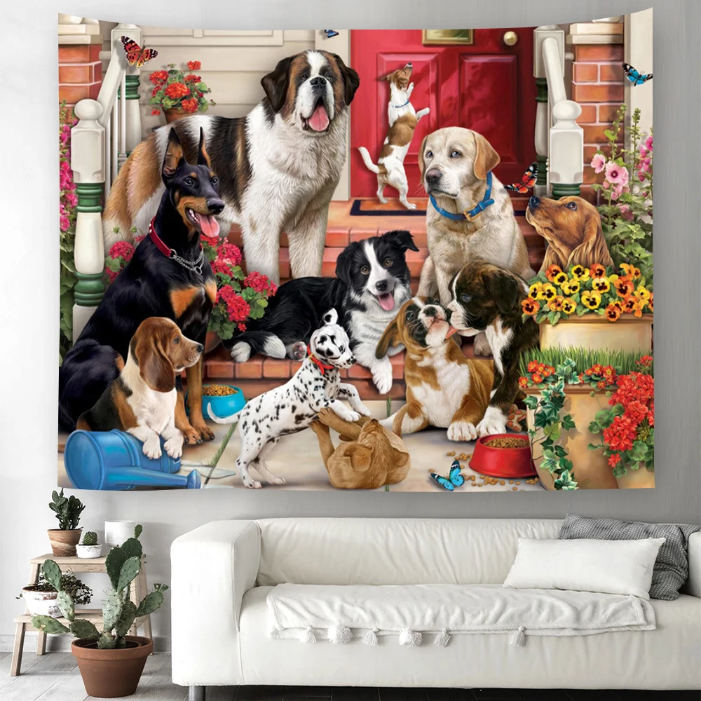 Tapisserie murale suspendue en forme de chien de dessin animé, chiot Kawaii, Animal de compagnie mignon, maison, chambre à coucher, salon, tapisserie murale décorative