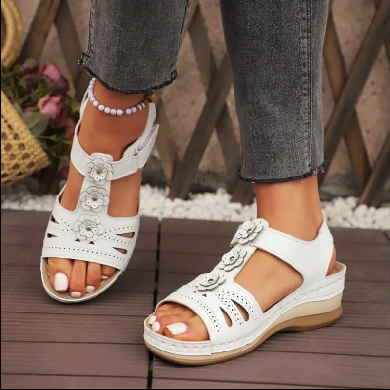 2025 Summer Women Sandals New Hollow Out Wedge Flowers Casual Sandalias Retro Platform  Comfortable Plus Size