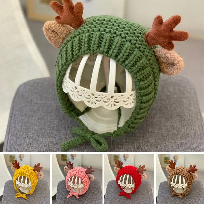 Infant Winter Beanie Hat Earflap Warm Reindeer Antlers Animal Knitted