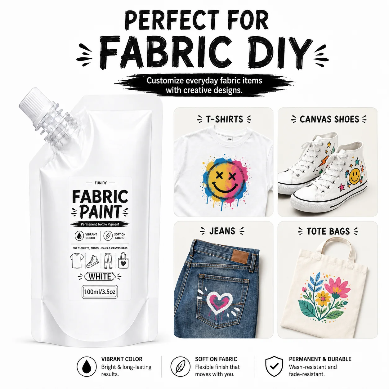 white Color Fabric Painting Set , Permanent Fabric Paint for Clothes, Furniture Upholstery, Shoes & Bags