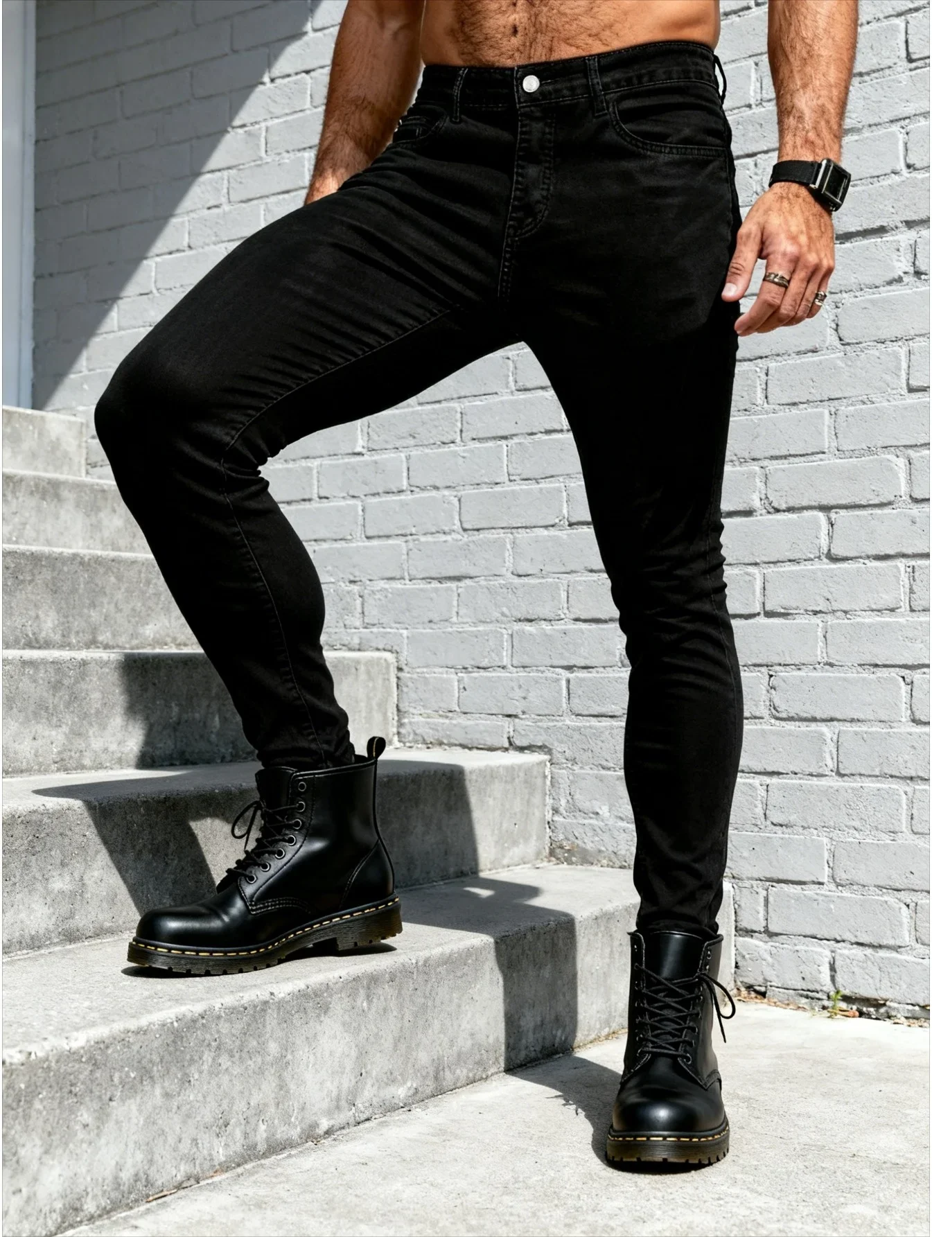 

1PC Men's Black Slim Leg Casual Jeans, Casual Street Style, All Season