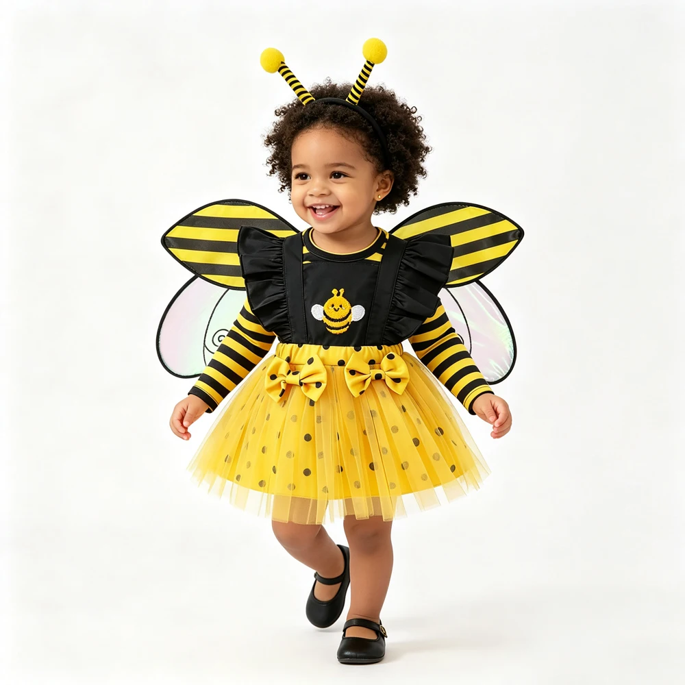 New Baby Girls Bee Costume Yellow Black Striped Romper Polka Dot Tutu Dress for Halloween Newborn Bee Outfit for Birthday Party