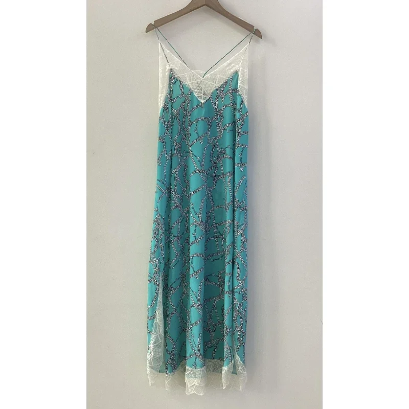 

Chain Print Women's Silk Robe Early Spring Lace Stitching V-Neck Sleeveless Elegant Female Long Dress