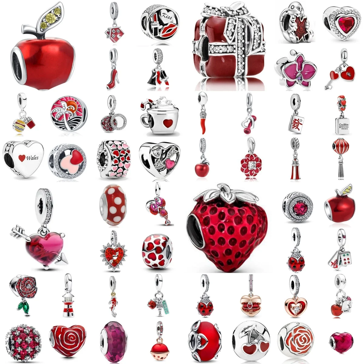 Valentine's Day 925 Silver Apple Strawberry High Heels Lipstick Pendant, Suitable for Original Bracelet DIY Exquisite Jewelry