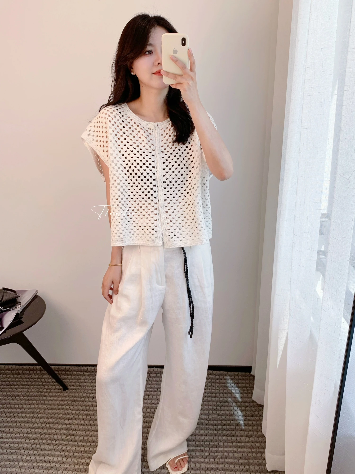 

Ele Hollow out Cotton Vest ort Sve Women's Batwing Top Summer Commute Sle Loose Fit Color Knitted T-irt