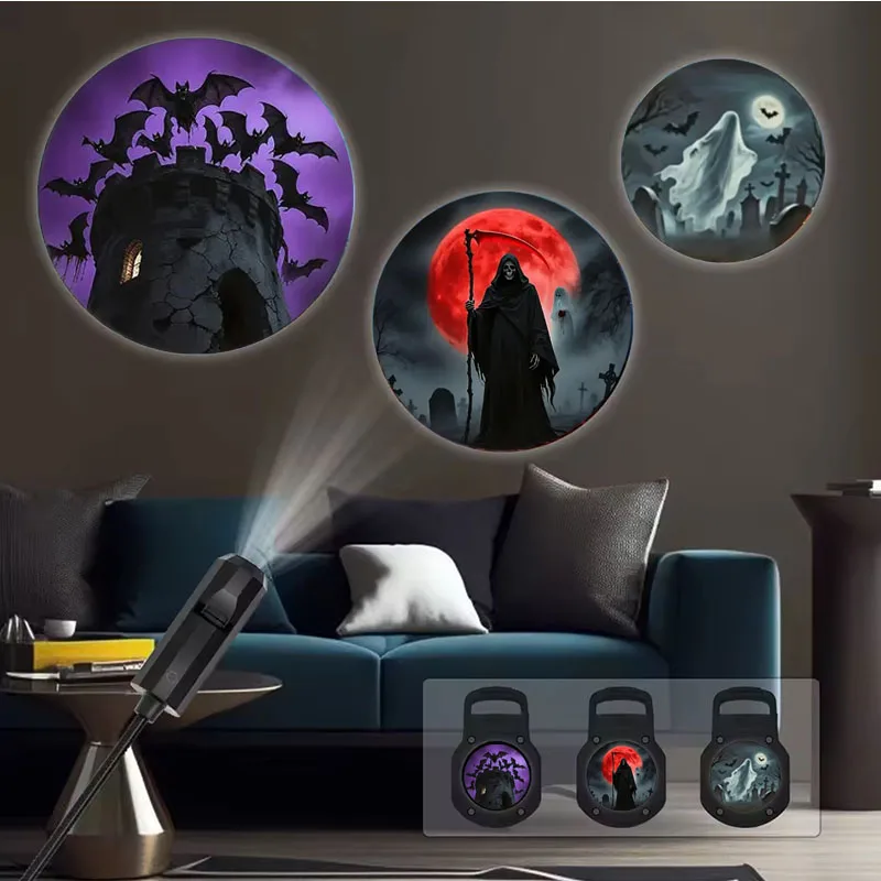 LED Projector Light 6Scary Patterns USB Pumpkin Lantern Projector Witchable Pattern Atmosphere Lamp for Room Ceiling Window Wall