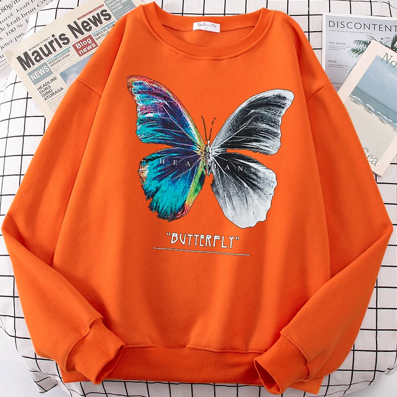 Casual Street Women\'S Pullover Butterfly Half Color Half Black And White Print Hoody Comfortable Sweatshirts Loose Soft Tops