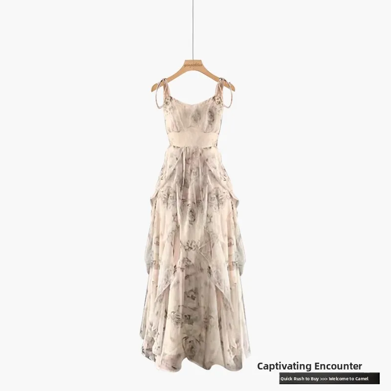 Faionable Floral Print Dr Princ Sle Strapl Midi Saia Ele Emagrecer Efeito Francês Sle Bainha Irregular Todos...