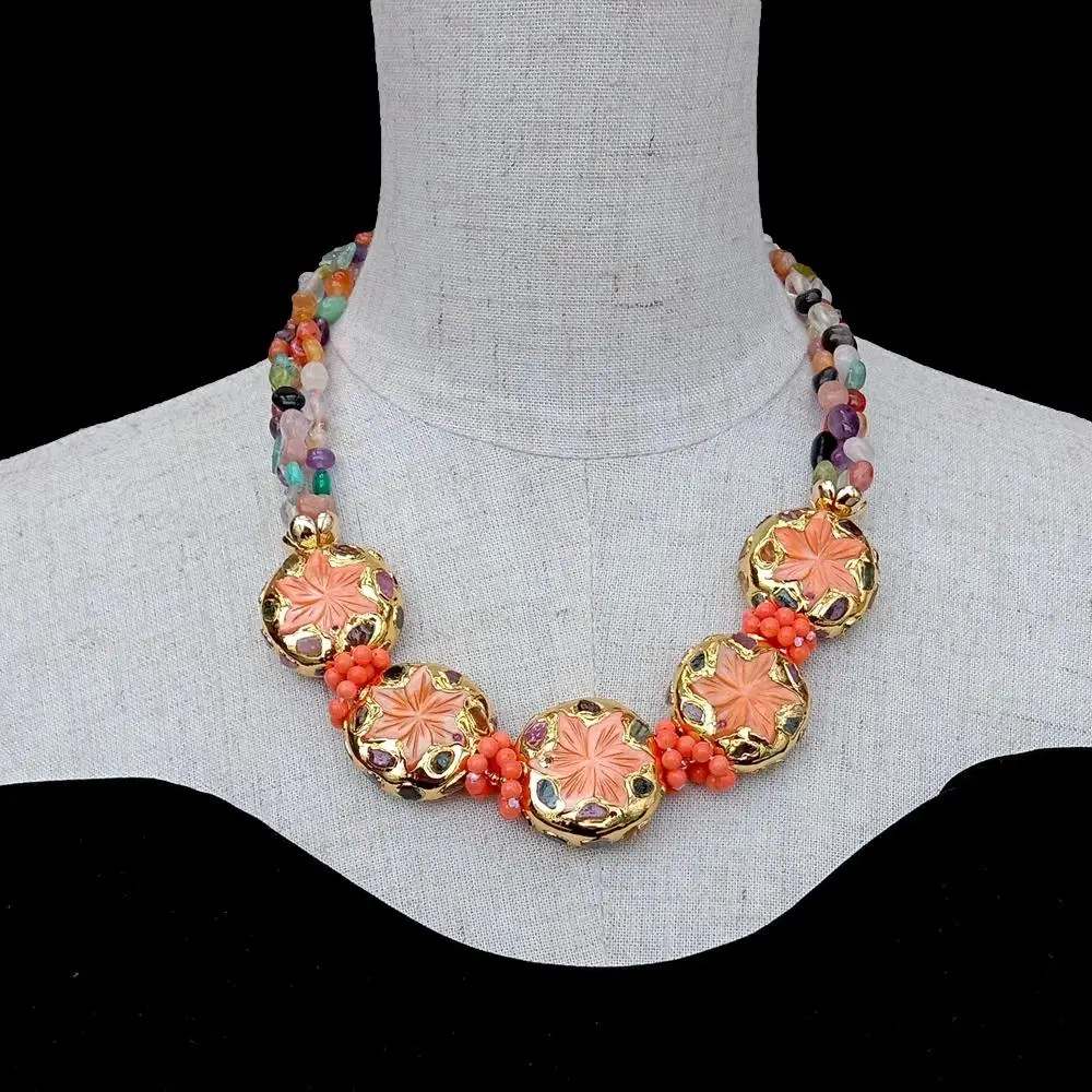 

Y·YING Multi Color Gemstone Necklace Sea Shell Carved Flower Tourmaline Statement Necklace For Party