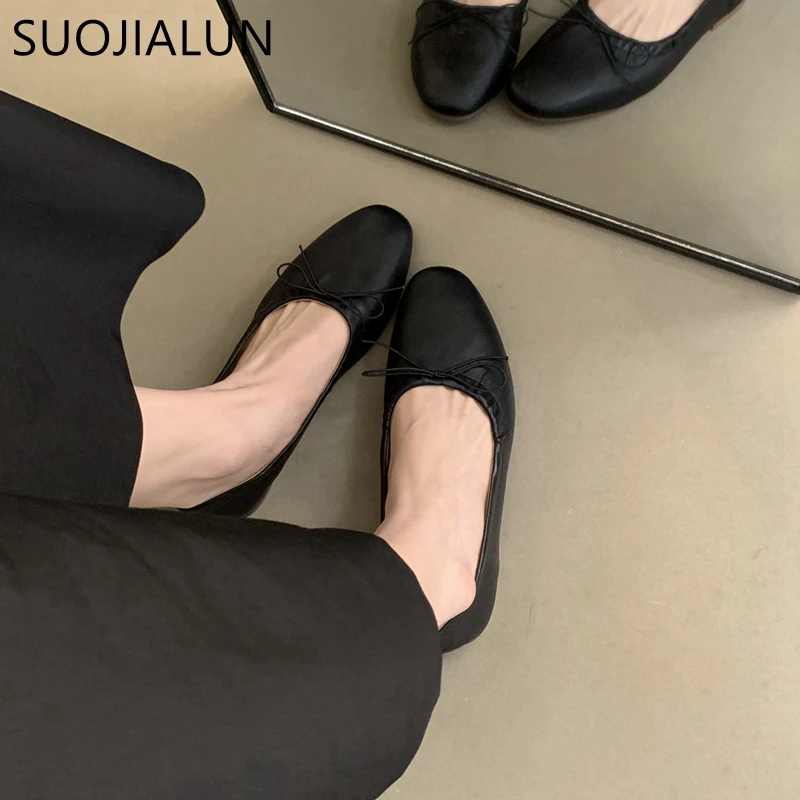 SUOJIALUN 2024 Spring New Women Flat Fashion Round Toe Bow-knot Slip On Ballerinas Shoes Soft Flat Ladies Casual Dress Ballet Sh