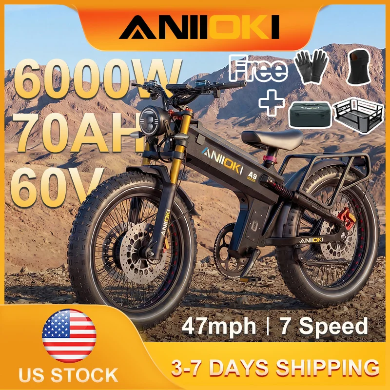 

Электровелосипед ANIIOKI 6000W с двумя моторами, аккумулятор 60V 70Ah, скорость до 75 км/ч, A9 ProMax AWD, широкие шины 26"*4.8", амортизационная воздушная вилка