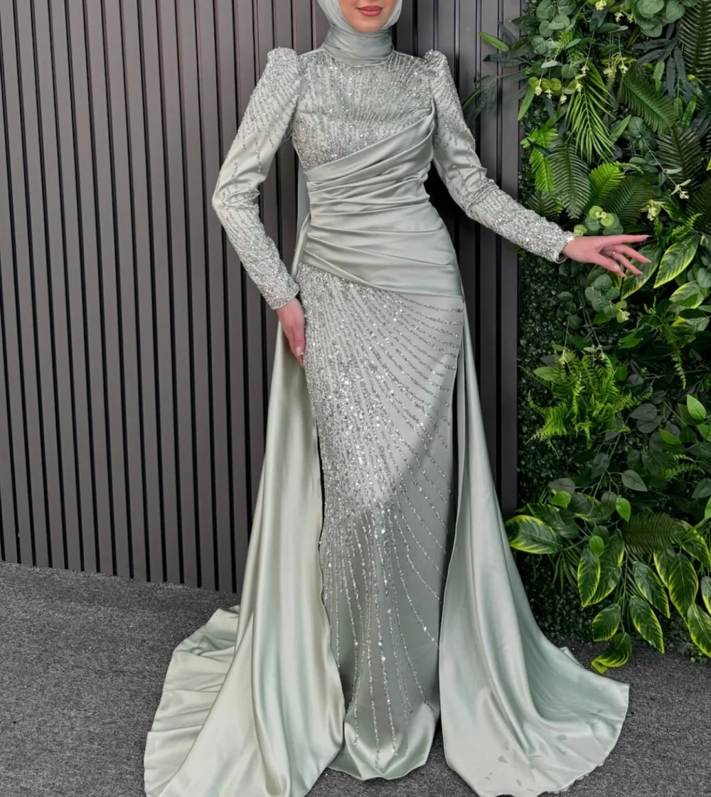 

Customized Charmeuse Pleat High Collar Sparkle Trumpet Long Dresses Bespoke Occasion Evening Party Gown High Quality Exquisite