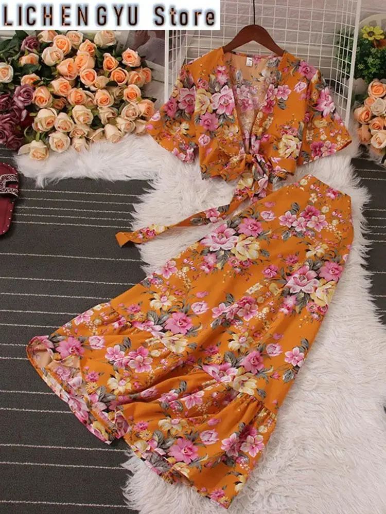 New Sweet Casual Women Two-piece Set Puff Sleeve Short Sleeve Print Bandage High Waist Skirt Suit Spring Summer