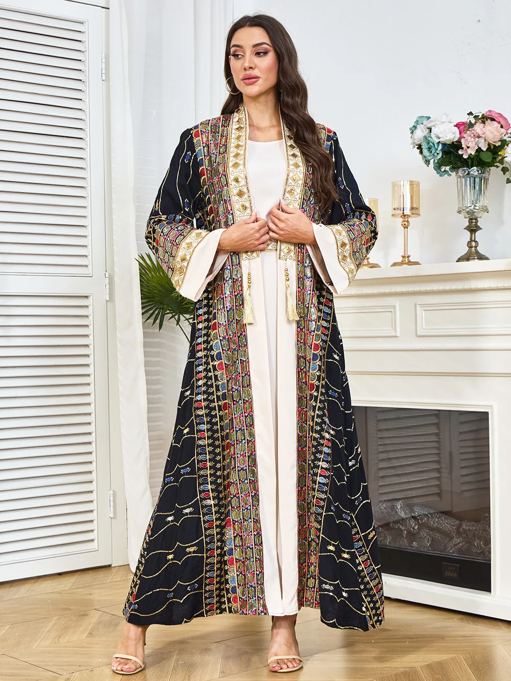 

Дубайский мусульманский женский комплект из 2 предметов: абайя, платье с пайетками и кисточками, марокканский кафтан, нижнее платье, мусульманский костюм, кардиган, исламская одежда