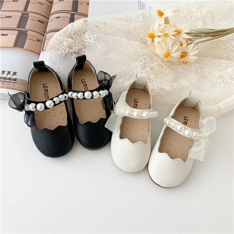 Girls Children Solid Leather Shoes Cute Pearl Mesh Lace Soft Sole Princess Shoes Newborn Kids Flats Elegant Casual Dance Shoes