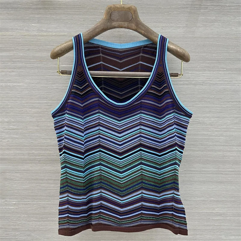 women's 2-piece sets New elastic slim sleeveless top for summer 2026 Metal yarn blend women's pants Colorful striped pants set view 2