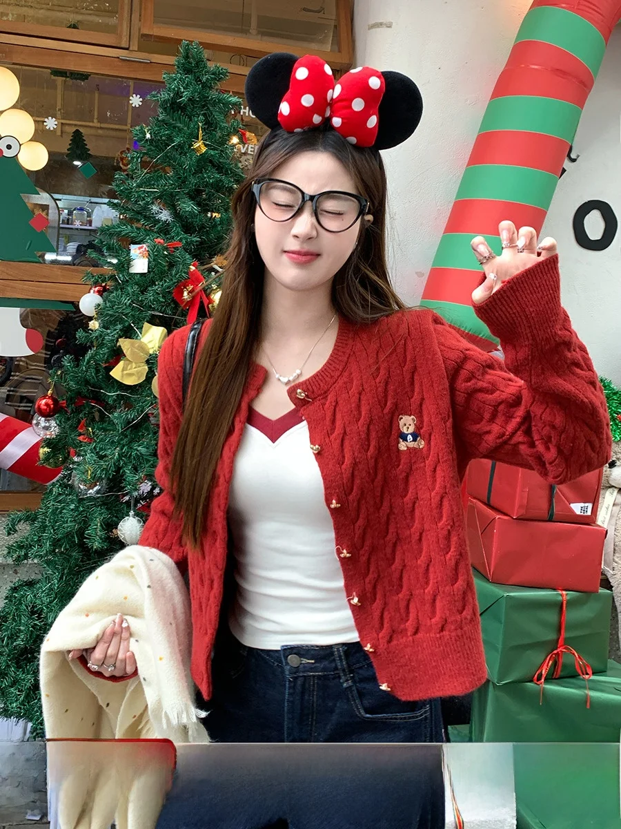 

New Year Red Knitted Sweater Coat Women's Autumn Winter Lazy High-End Feeling Open Cardigan Soft Warm Long Sve round Ne Top