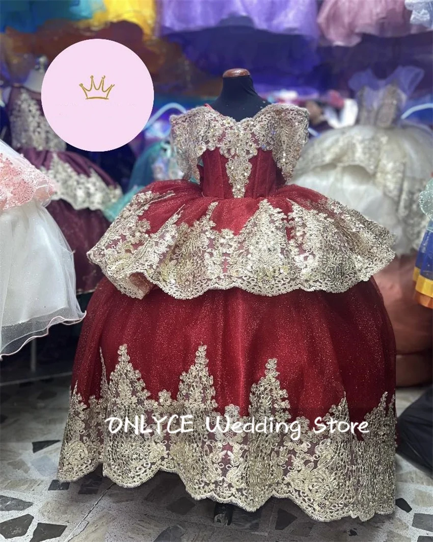 Exquisite rote Blume Mädchen Kleider Gold Pailletten Applikation abnehmbares Kleid für Hochzeit Abendkleider