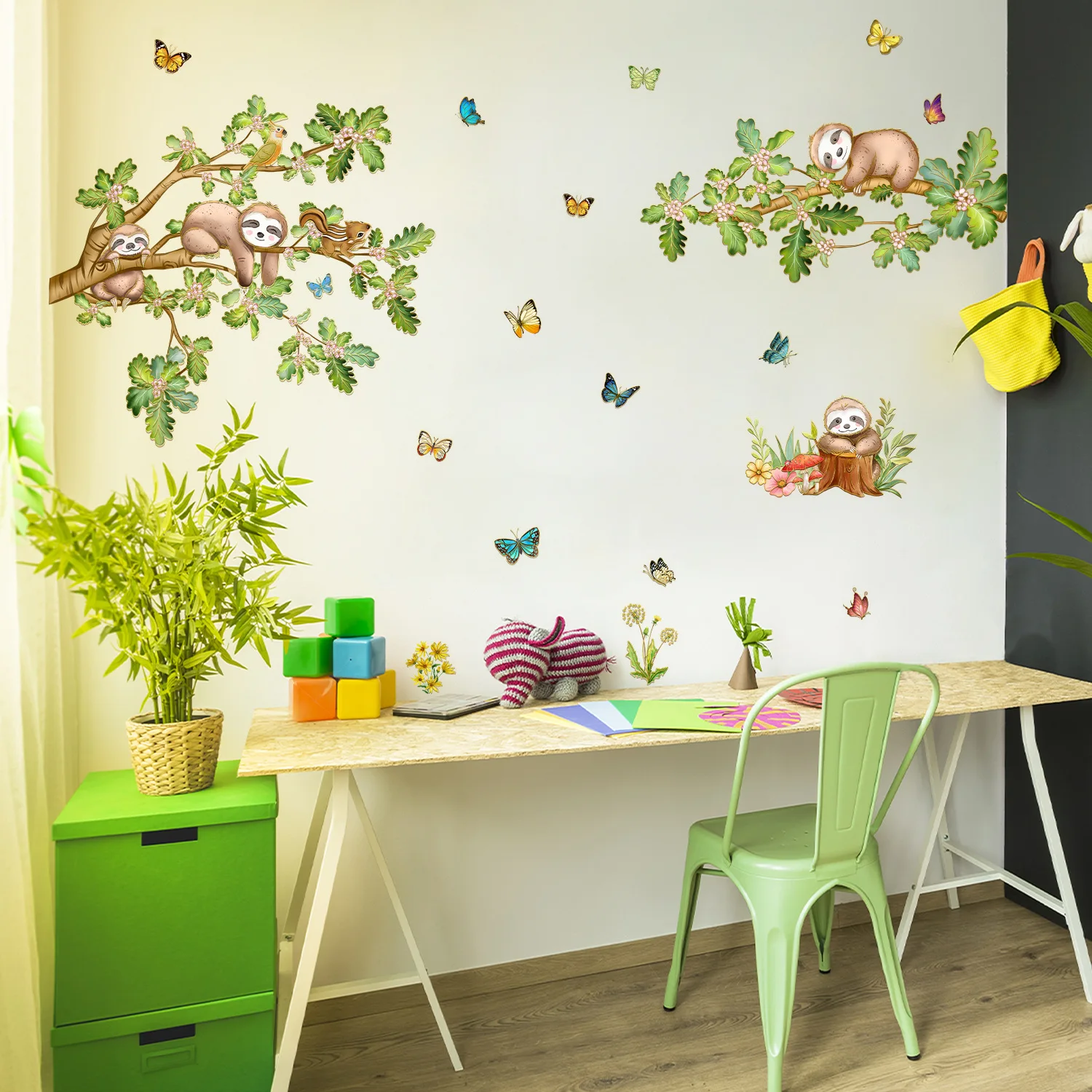 

Sloth & Parrot Wall Decals - Cartoon Animal Tree Stickers with Gold Foil for Bedroom