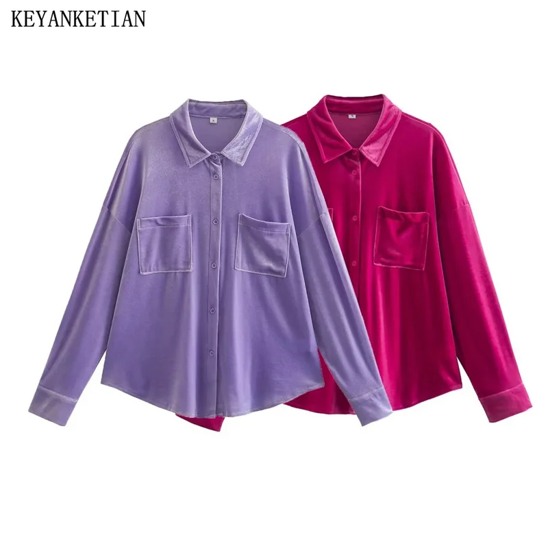 

KEYANKETIAN New Autumn Velvety Women's Blouse Vintage Style Single Breasted Pockets Lapel Baggy Solid Color Top Soft Chemise