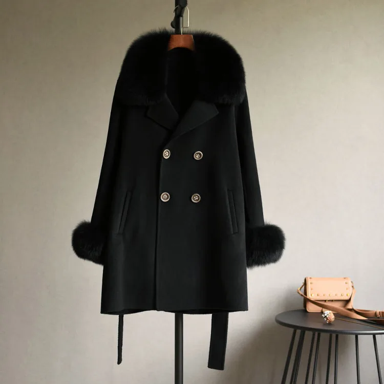 

2023 Woolen fur,Women's Classic High-end Double Breasted Wool Jacket Lace-up Slim Winter fur Coat For Lady