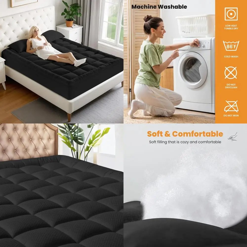 

King Size Cooling Mattress Topper, Breathable Quilted Protector, Pillow Top Cover, 8-21 Pocket, Machine Washable, Black, 78x80