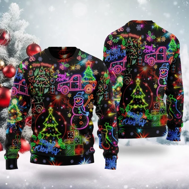 نيون ثلج نمط بلوزات للرجال شجرة عيد الميلاد ثلاثية الأبعاد مطبوعة البلوز مهرجان حفلة هوديس طويلة الأكمام الجولة الرقبة القمم