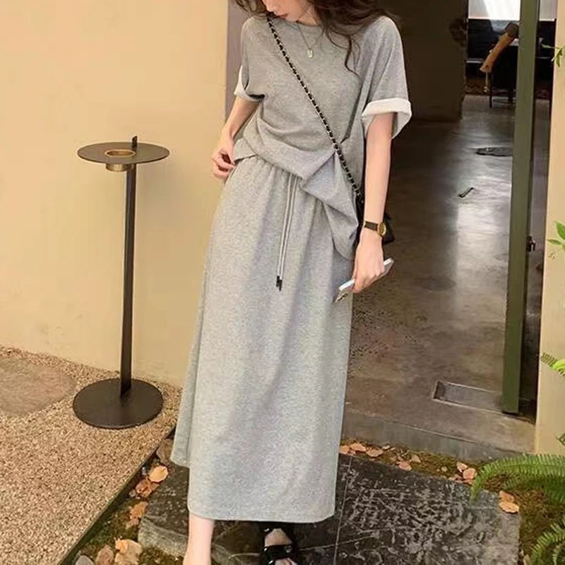 Two Piece Set for Women 2024 Summer Simple Casual Streetwear Oversized Short Sleeve T-shirt Female High Waist Solid Midi Skirts