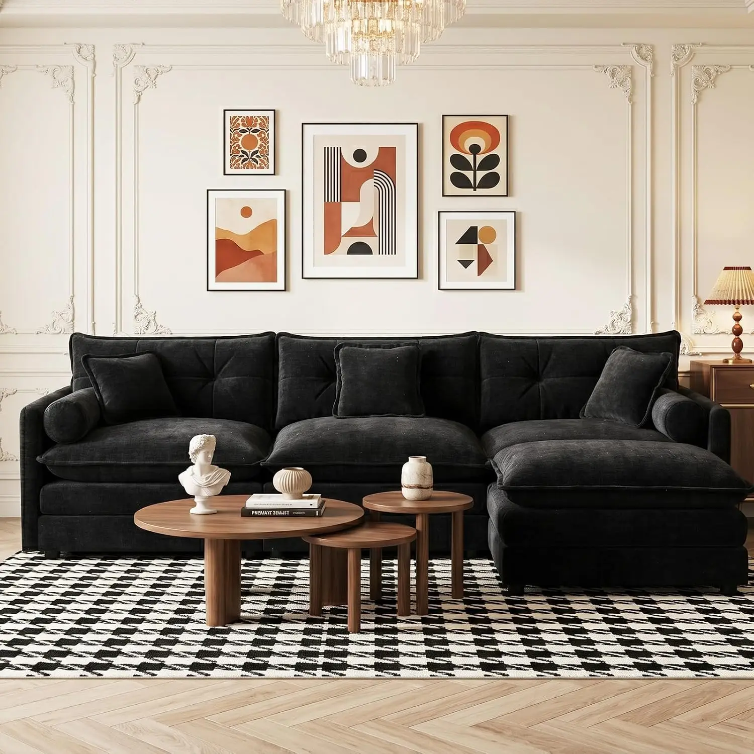 Modular L Shaped Sofa 3 Seat with Ottoman, Black, Customized