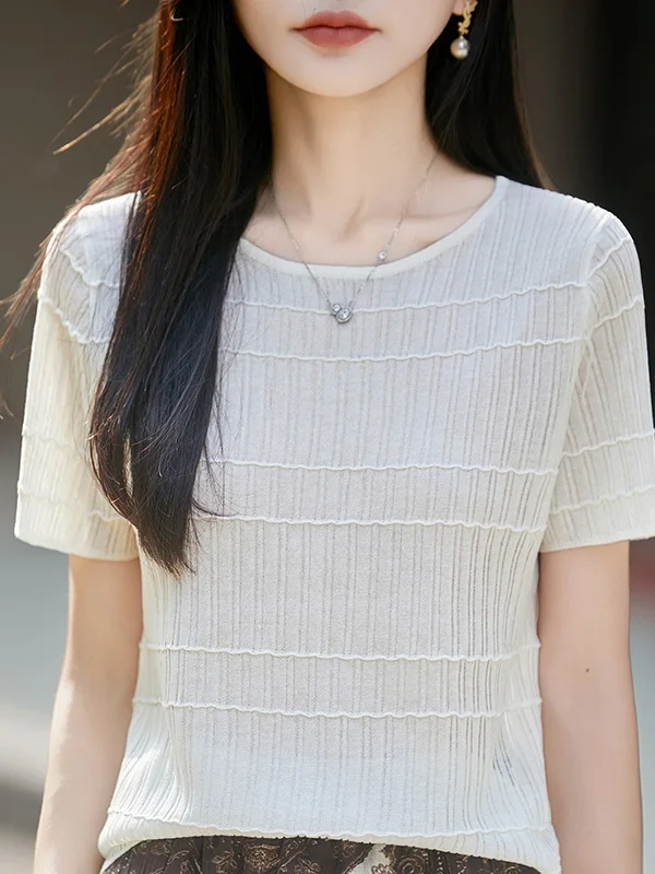 

Slimming Effect Summer Thin Hollow out Knitted Short Sleeve round Neck T-Shirt Women's Casual Loose Style Breathable Top
