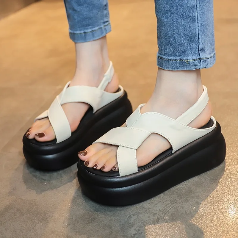 Women Leather Sandals 7CM Summer Shoes New 2024 High Platform Cross-strap Slides Fashion Casual Sandals Beach Chunky Slippers