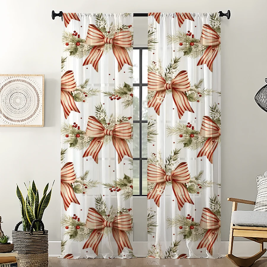 2PCS Christmas Sheer Curtains, Brown Bow Berry Pattern, Digital Print, Bedroom Living Room, Rod Pocket Polyester, Home Decor