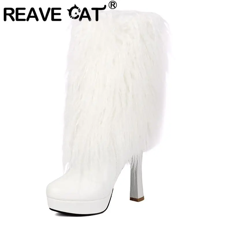 

REAVE CAT 2025 Новый дизайн Женские сапоги до середины икры с круглым носком Сверхвысокие каблуки 11 см Платформа 2,3 см Молния Плюс Размер 48 49 Сексуальная Bota