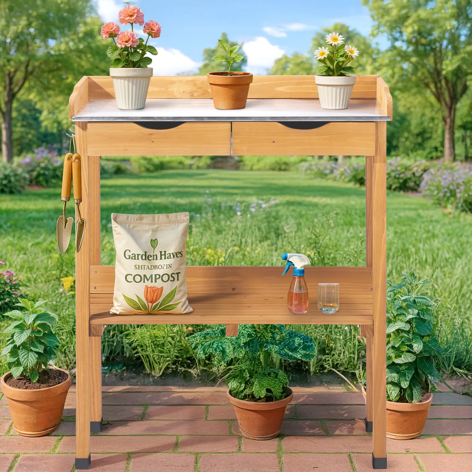 

Outdoor Potting Bench Table Garden Workstation with 2 Storage Shelves Natural Wood Design for Yard and Patio Gardening Tool