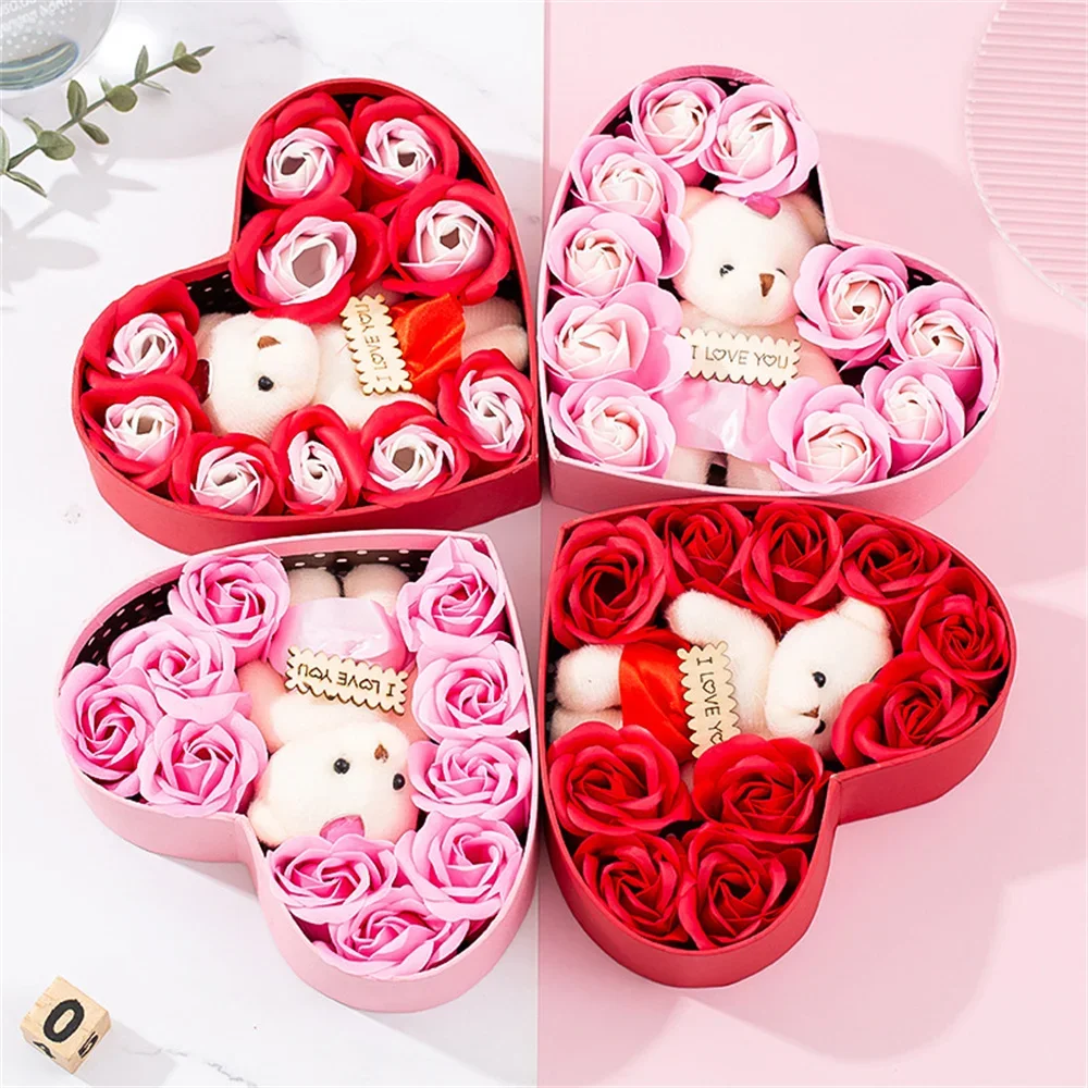 2023 Valentines Day Gift 10 Flowers Soap Flower Gift Rose Box Bears Bouquet Wedding Decoration Gift Festival Heart-shaped Box