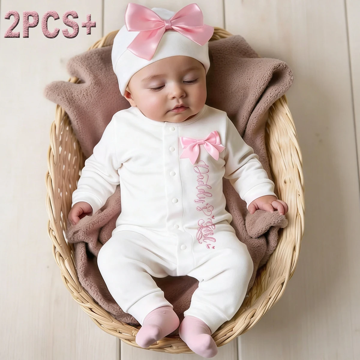 2Pcs Embroidery Autumn Winter Long Sleeve Romper Casual Sweet BabyGirl Soft Jumpsuits Clothes Bow Hat Newborn Coming Home Outfit