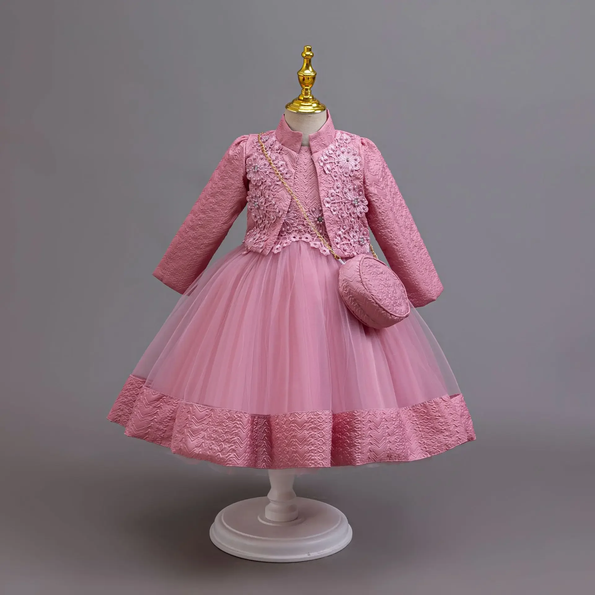 Vintage Flower Girls Dress Set Long Sleeve Princess Formal Party Ball Gown for Kids High-end Christmas Gift