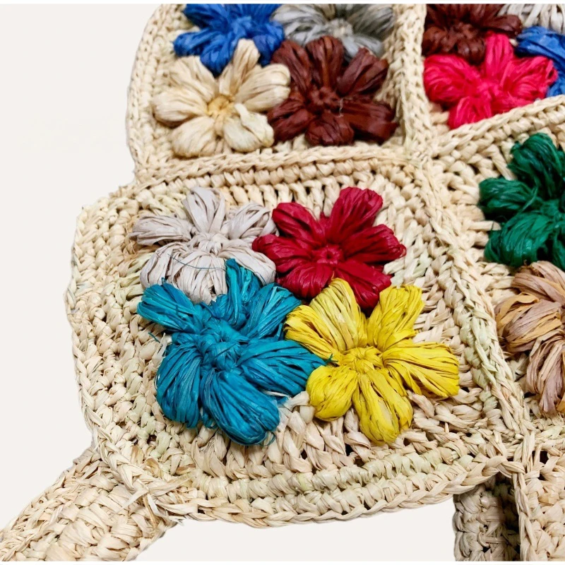 Boho 3D Colorful Floral Straw Tote Bag Women Handmade Crochet Woven Shoulder Bag Summer Beach Handbag Holiday Travel Basket Bag