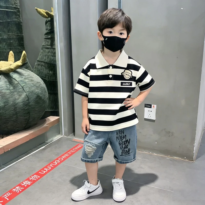 IYEAL Boys' Striped Polo Shirt + Printed Denim Shorts 2Pcs Summer Casual Outfit for Kids, Breathable Cotton Children's Clothing