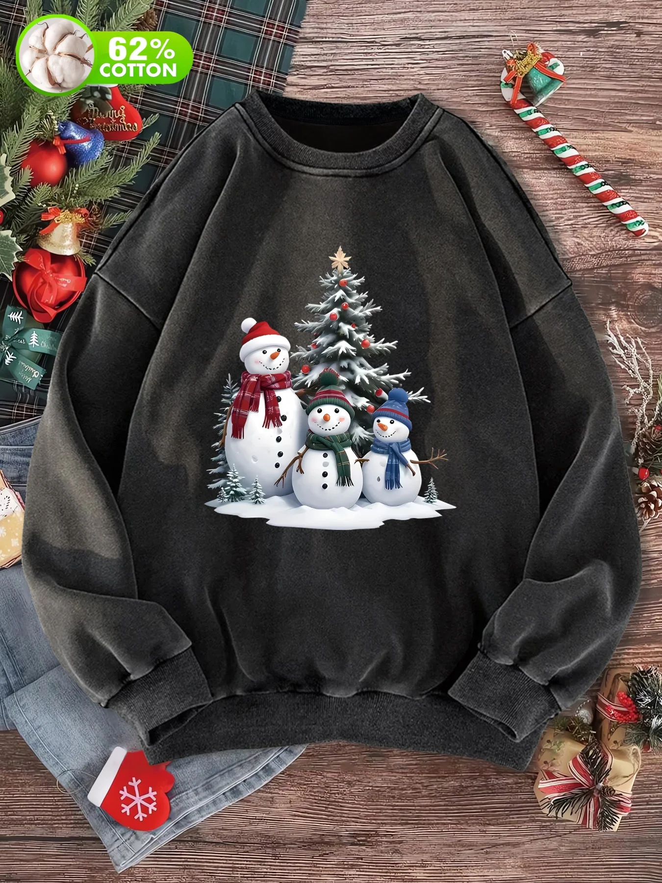 Vintage Women's Washed Round-Neck Sweatshirt with Christmas-Themed Prints for Autumn and Winter, Christmas Sweatshirt, Christmas