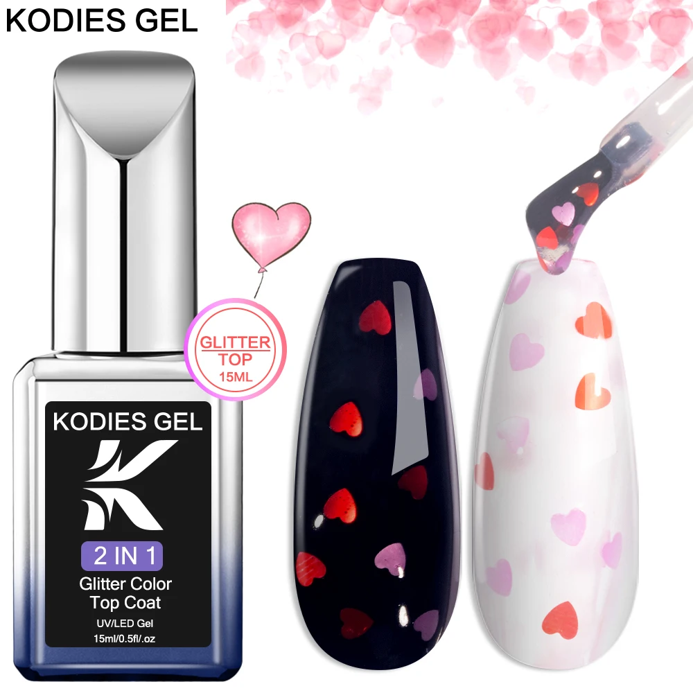 KODIES GEL Heart Top Coat UV Gel Nail Polish 15ML Glitter Confetti Manicure Diamond Shine Finish Topper Nail Gel Varnish No Wipe