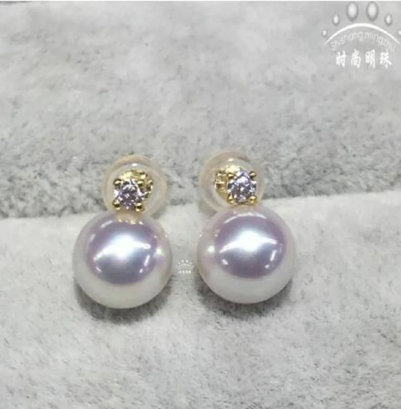 AAAAA+8-9mm True Natural AKOYA White Round Pearl Diamond Earrings 18K Gold