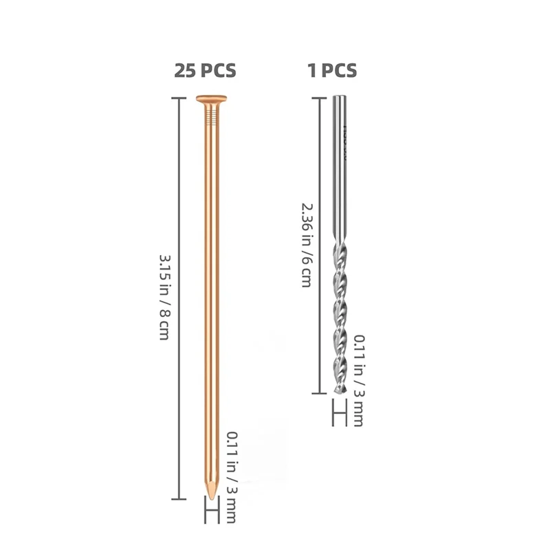 A59E-25Pcs clous en cuivre pour souches d'arbre 3.14 pouces de Long clous en cuivre pur en vrac avec foret pour enlever les clous de souches pour arbre