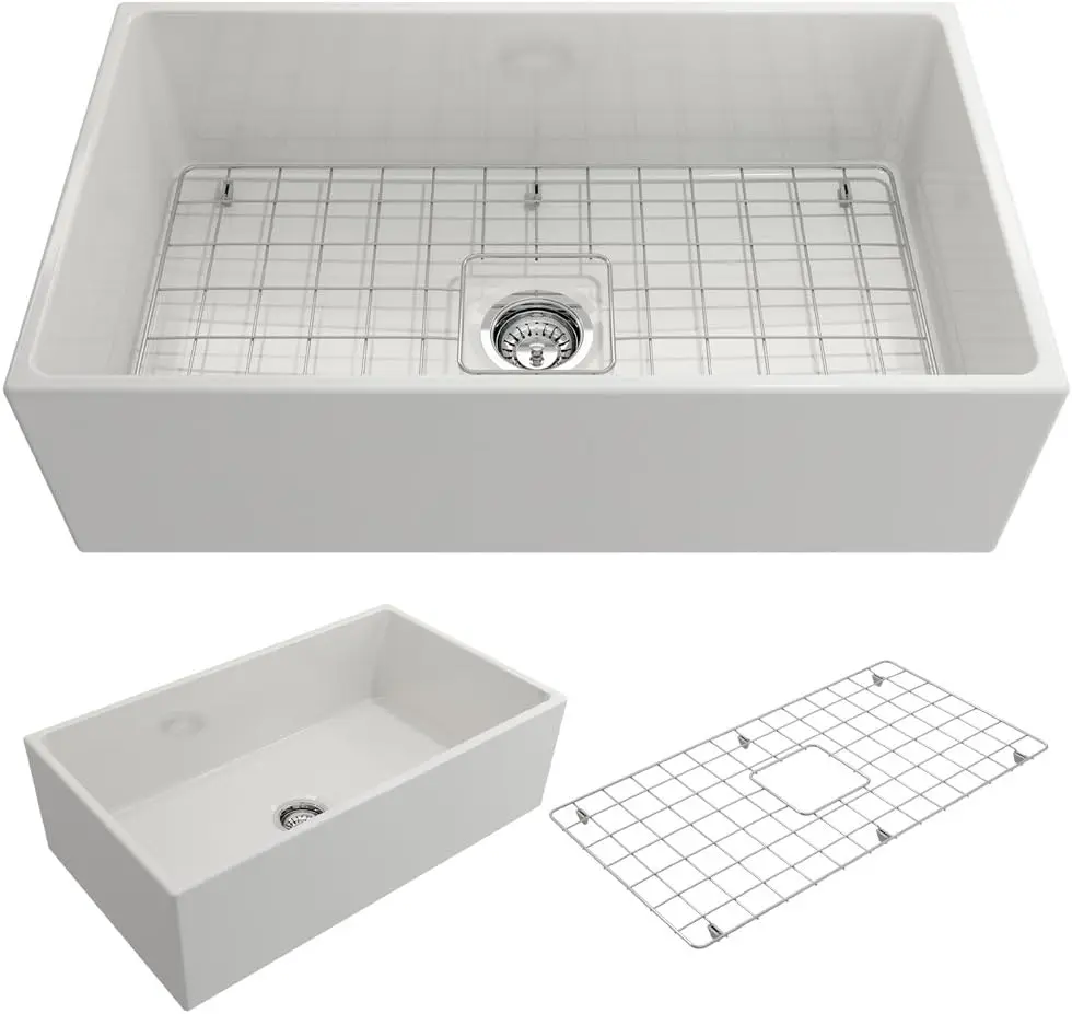 Contempo Farmhouse Apron Front Fireclay 33 in. Single Bowl Kitchen Sink with Protective Bottom Grid and Strainer in White