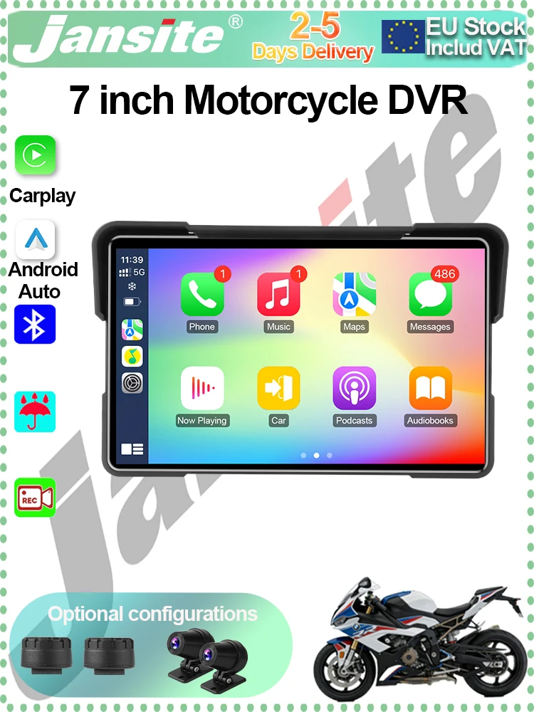 Jansite 7 Zoll Carplay Motorrad-Dashcam DVR GPS-Navigation Wireless CarPlay Android Auto Motorradhelm-Kamera Moto-Zubehör
