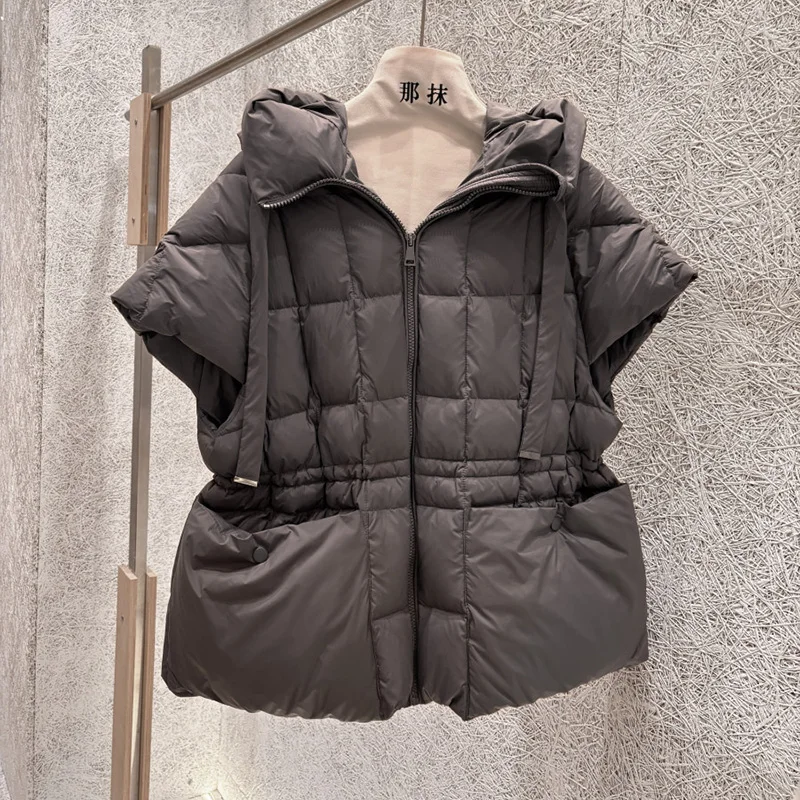 Schinteon Women White Duck Down Vest with Hood Office Lady Sleeveless Jacket Solid Color Drawstring Autumn Winter Gielt 2026 New