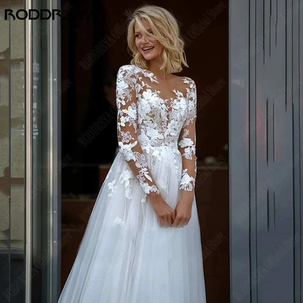 RODDRSYA gaun pernikahan renda A-Line elegan gaun pengantin Applique leher rendah lengan panjang gaun pengantin ukuran Plus Vestidos De Novia disesuaikan