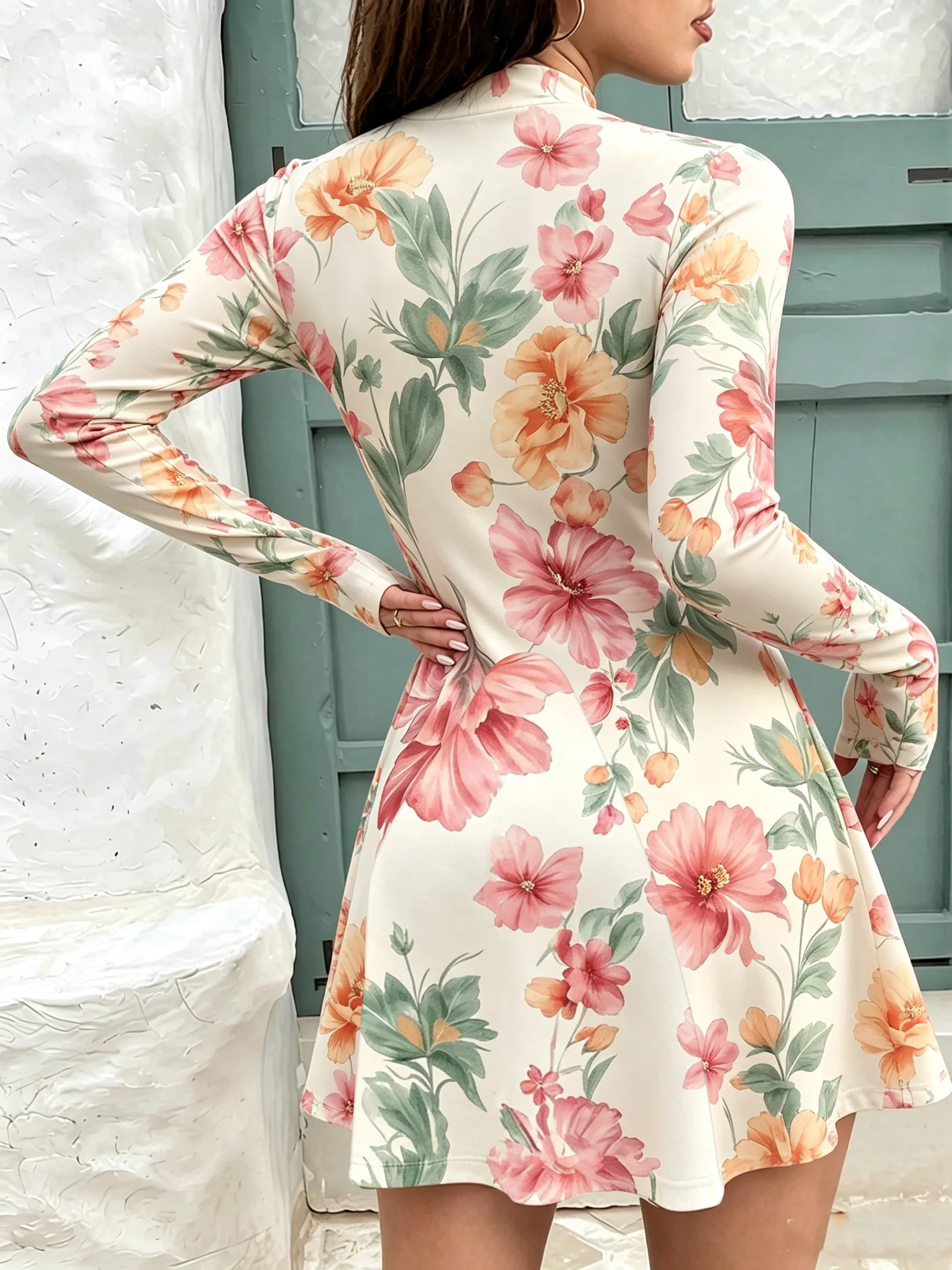 Damen Herbstkleid mit hohem Kragen, langen Ärmeln, A-Linien-Schnitt, lässiger Modedruck mit Blumen- und Blattdesign. – Detail 4